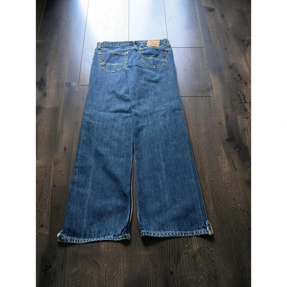 Hollister Jeans Men 33x32 Blue Slim Straight Button Fly Distressed Denim Y2K